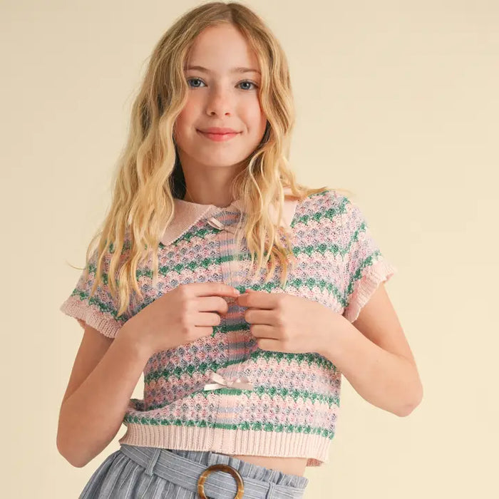 HEART & ARROW TWEEN COLLARED CROP KNIT TOP