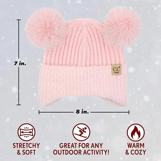 KIDS DOUBLE POM CHENILLE EARFLAP BEANIE LIGHT PINK