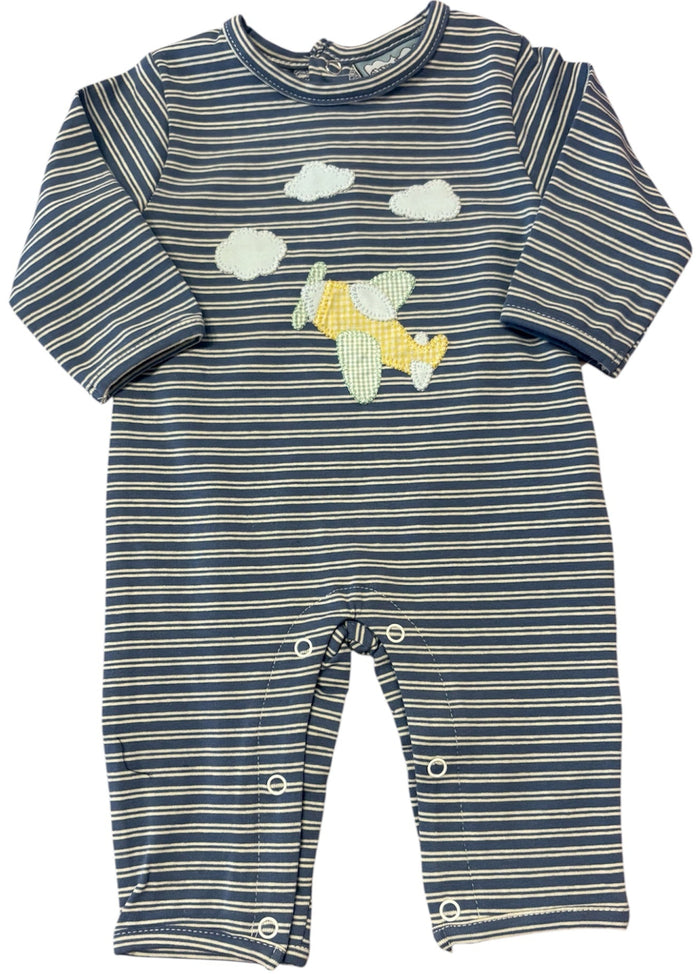 A baby long-sleeve romper with navy and beige horizontal stripes, featuring a yellow and white airplane applique and white cloud appliques on the chest, shown against a plain white background.