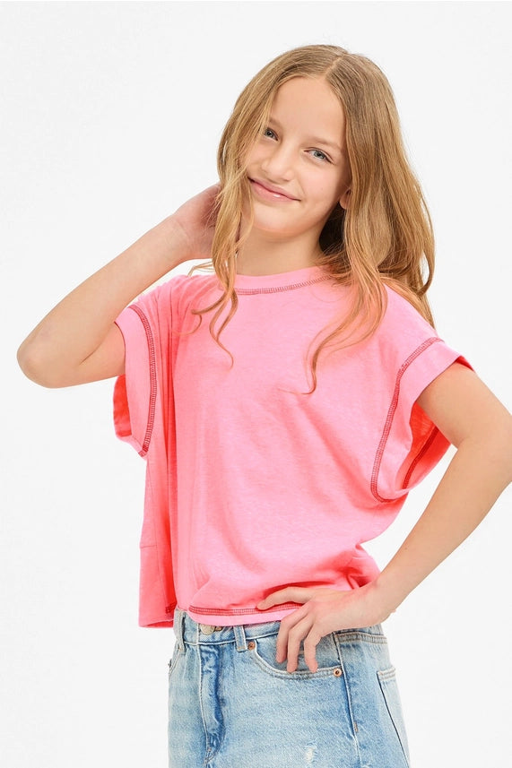 GOOD GIRL OVERLAP OPEN BACK REVERSE STITCHED TOP NEON PINK