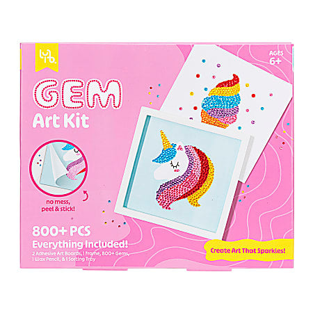 A pink retail box for a Gem Art Kit, showing sample artwork of a unicorn and a rainbow cupcake made from the included gems, beads, and craft supplies.