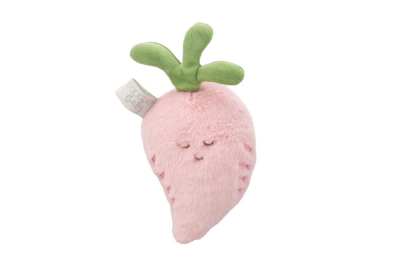 Pink plush toy shaped like a strawberry with green leaves on a white background