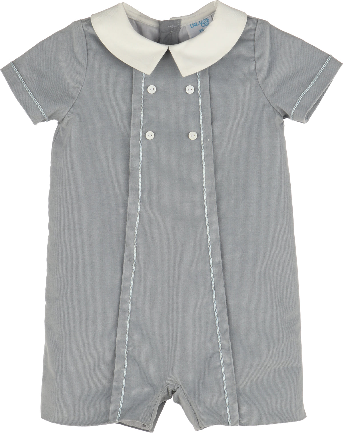 Gray baby romper with white collar on a white background