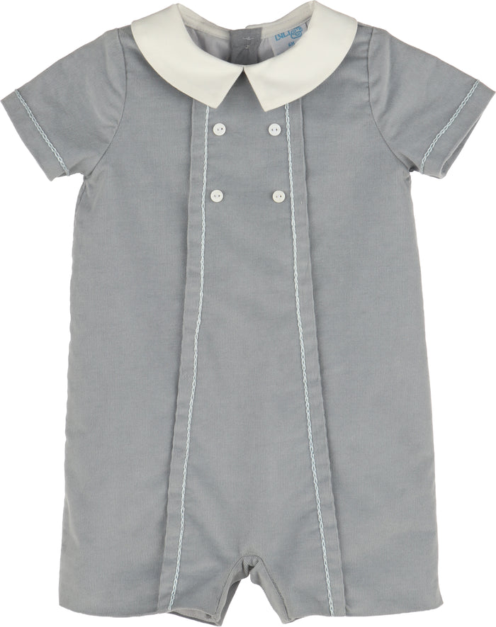 Gray baby romper with white collar on a white background