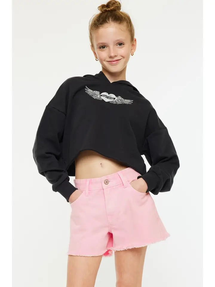 GIRLS HIGH RISE PINK FRAY DENIM SHORTS