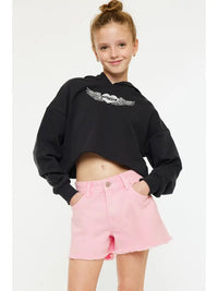 GIRLS HIGH RISE PINK FRAY DENIM SHORTS