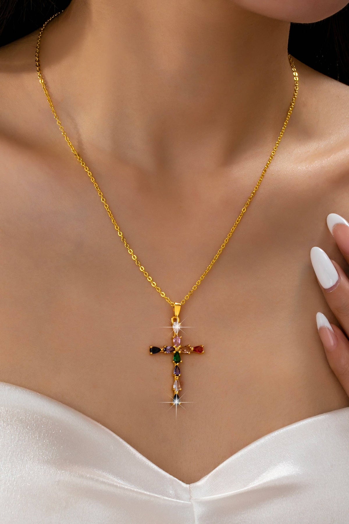 Josslyn Rainbow  Crystal Cross Pendant Necklace Multi