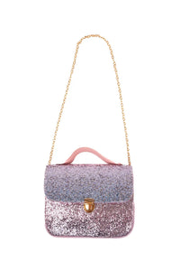 Glittery handbag with a gold chain strap on a white background