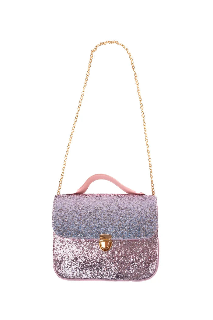 Glittery handbag with a gold chain strap on a white background