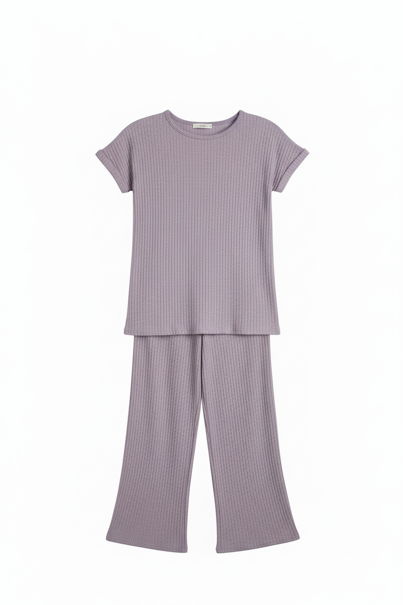 A two-piece children's loungewear set in a dusty lavender-purple ribbed knit fabric, featuring a short-sleeve crewneck top and matching wide-leg pants, displayed on a clean white background.