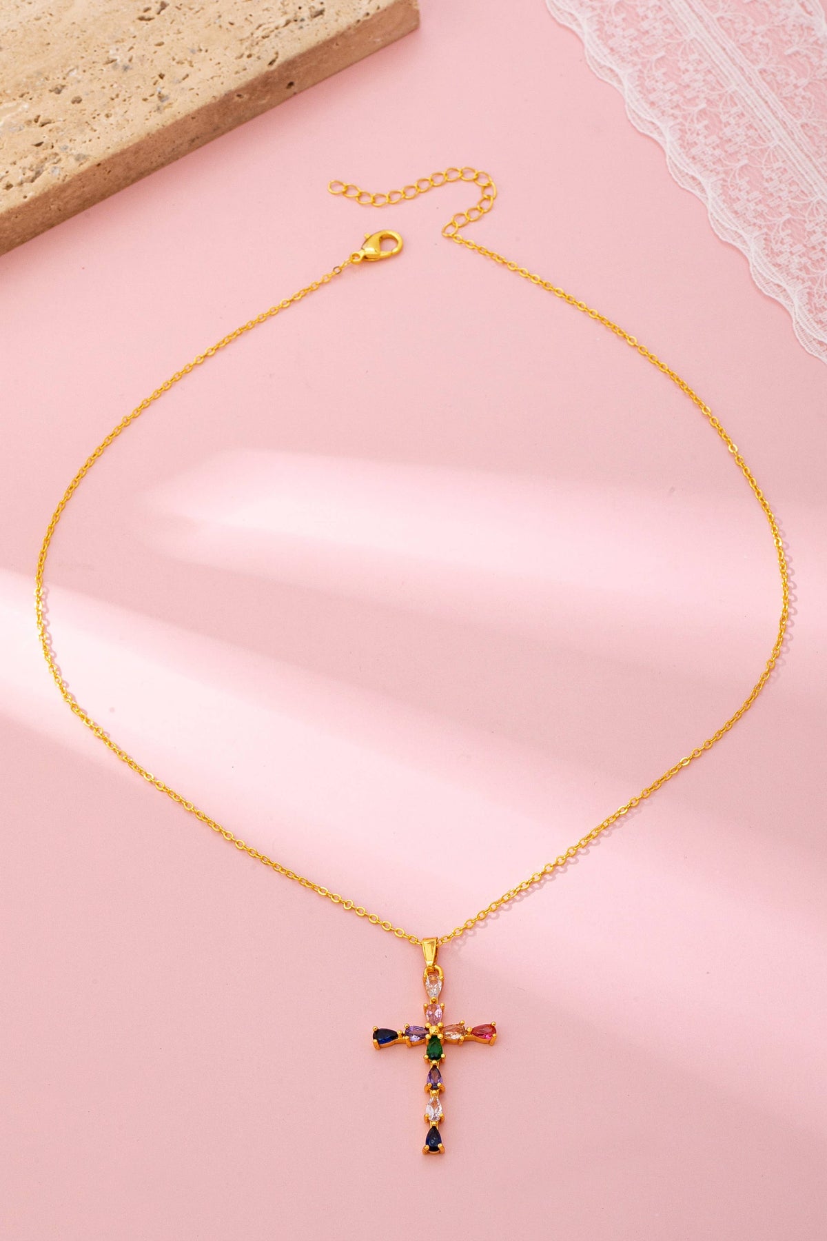 Josslyn Rainbow  Crystal Cross Pendant Necklace Multi