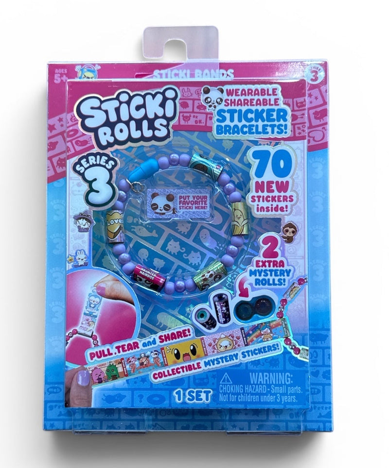 Sticki Rolls Series 3 Sticker Bracelets toy set in its original retail packaging, featuring a pink and blue box with product details and illustrations.