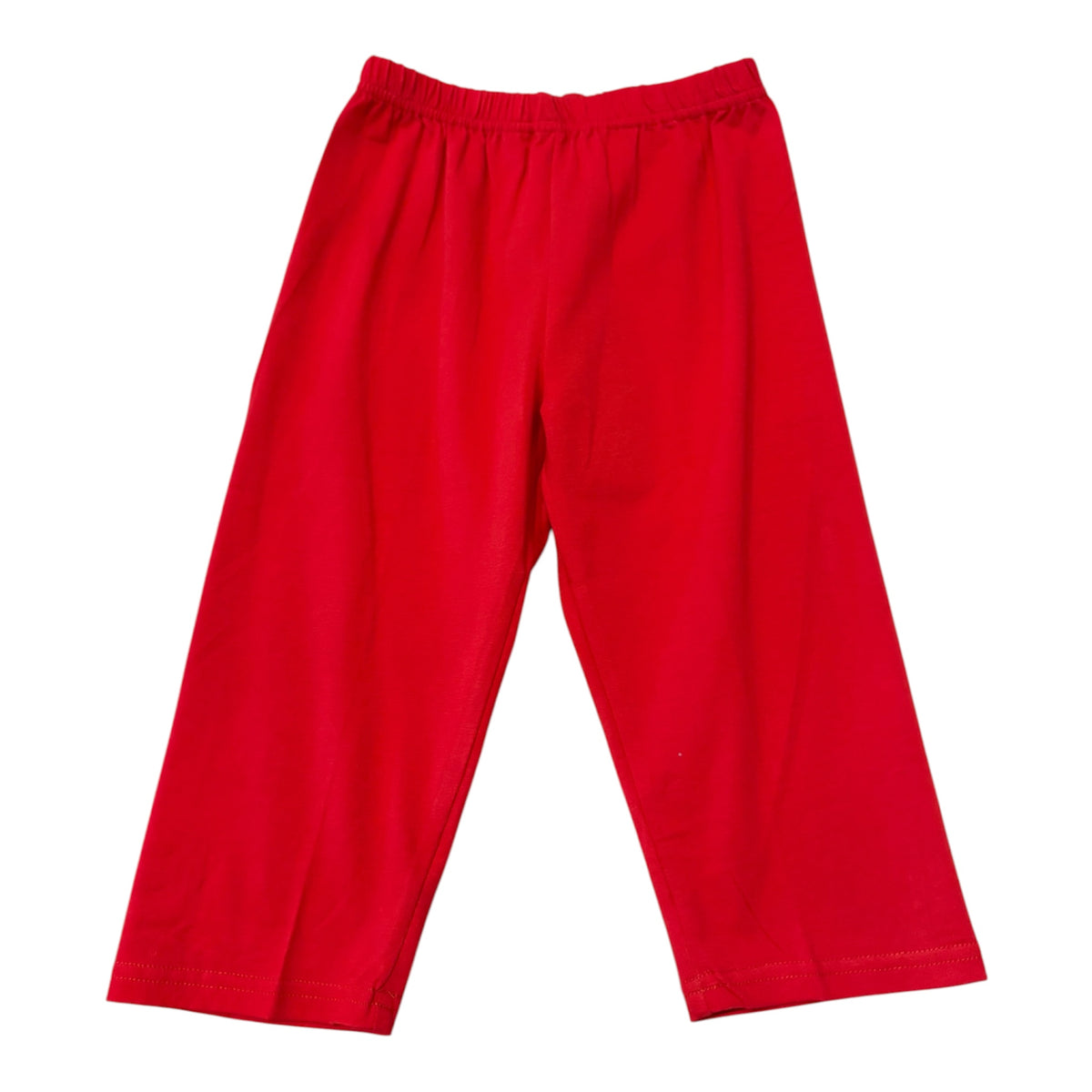 Bright red cotton pants with an elastic waistband, photographed flat against a white background.