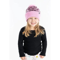 KIDS PUFFER FAUX FUR POM BEANIE METALLIC PINK