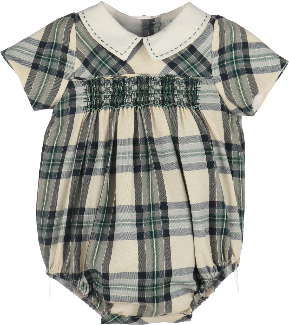Plaid baby romper with a white collar on a white background