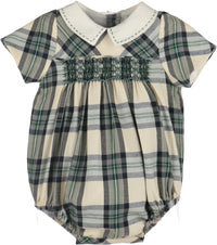 Plaid baby romper with a white collar on a white background