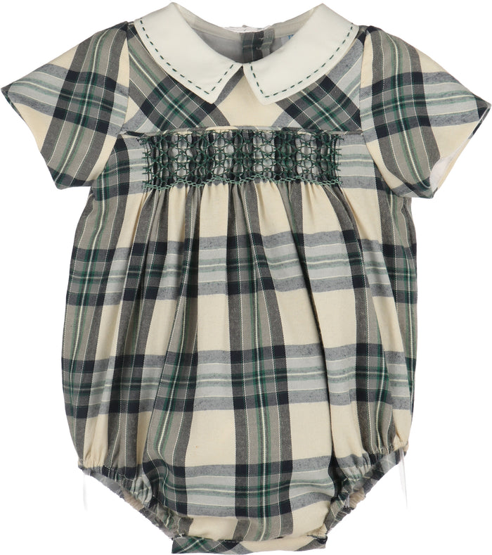 Plaid baby romper with a white collar on a white background