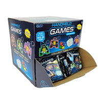 A retail display box filled with multiple sealed packs of handheld games on a plain white background.