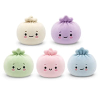 Five cute plush dumpling toys in pastel colors, arranged in two rows on a plain white background. The dumplings are cream, lavender, light green, pink, and light blue, each with embroidered facial features.