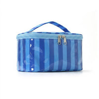 Josslyn Striped Vinyl Cosmetic Makeup Travel Pouch Bags Blue Navy