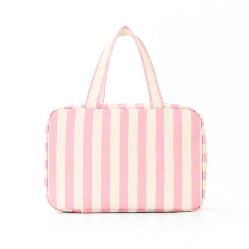 Pink and white striped tote bag on a white background