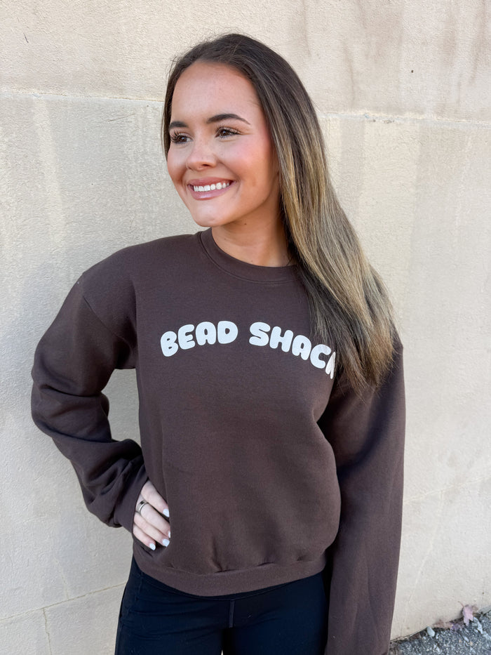 BEAD SHACK BUBBLE LOGO AMERICAN APPAREL WOMENS REFLEX FLEECE CREWNECK CROPPED SWEATSHIRT BROWN