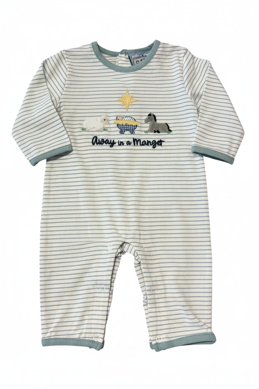 A baby long-sleeve footless romper with thin gray and white horizontal stripes, light blue trim on the collar, cuffs, and hems, and a central graphic of a white goose, a blue basket, a dark horse, a yellow star, and the text 'Away in a Manger'.