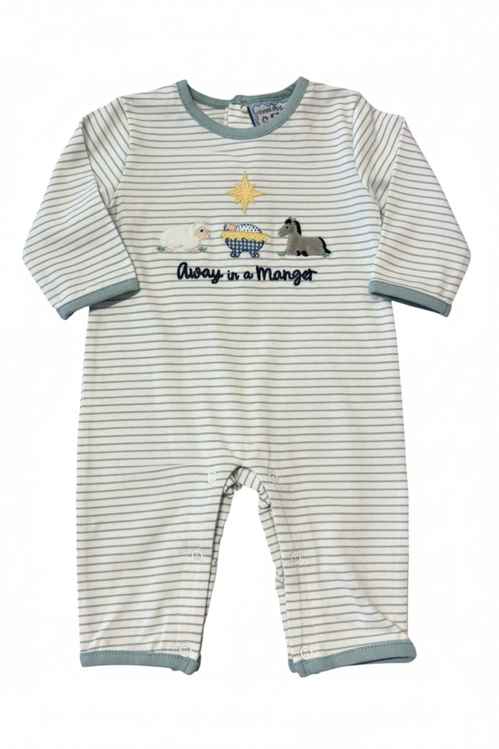 A baby long-sleeve footless romper with thin gray and white horizontal stripes, light blue trim on the collar, cuffs, and hems, and a central graphic of a white goose, a blue basket, a dark horse, a yellow star, and the text 'Away in a Manger'.