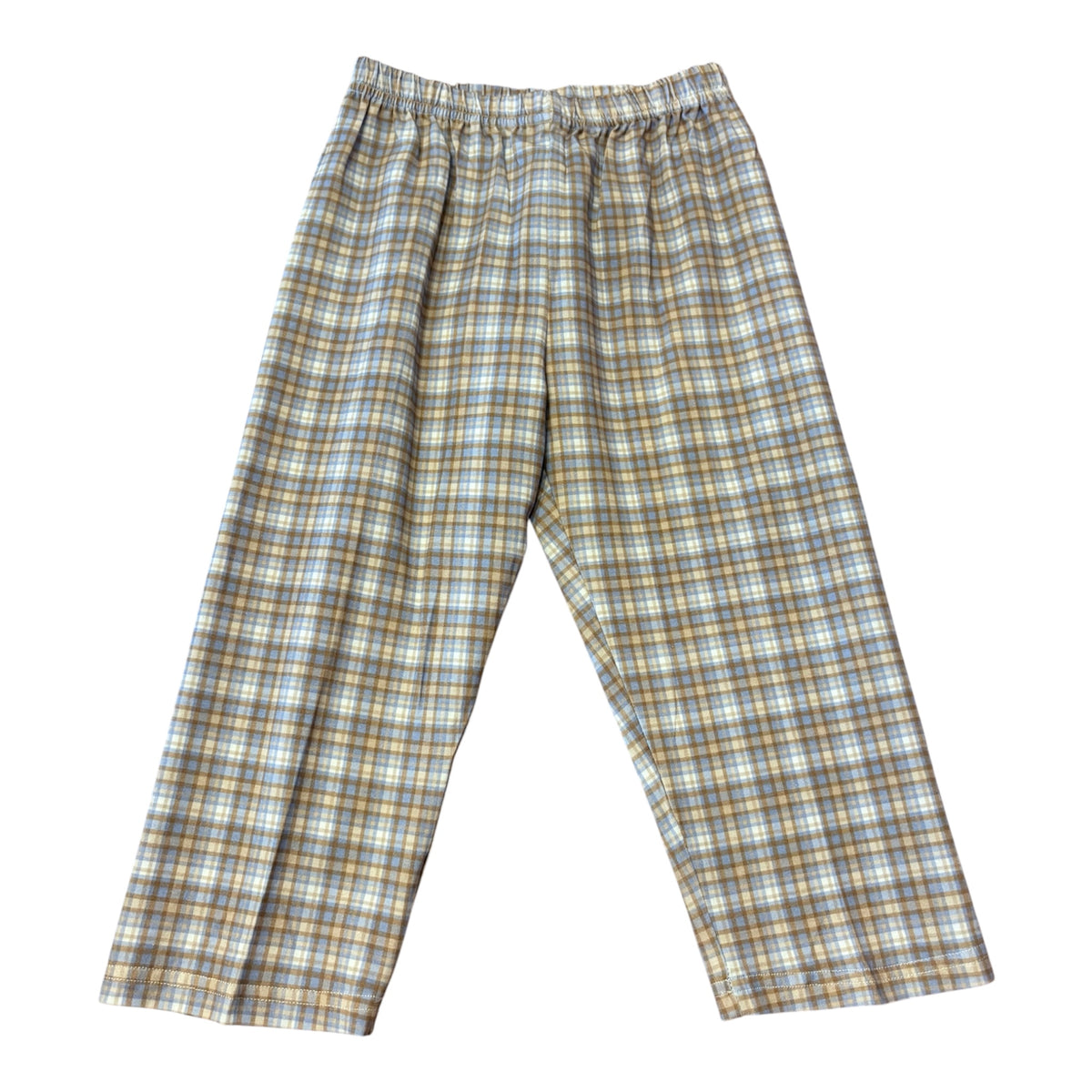 A pair of plaid trousers with an elastic waistband, featuring a pattern of beige, brown, and light blue intersecting stripes on a white base, shown flat against a white background.