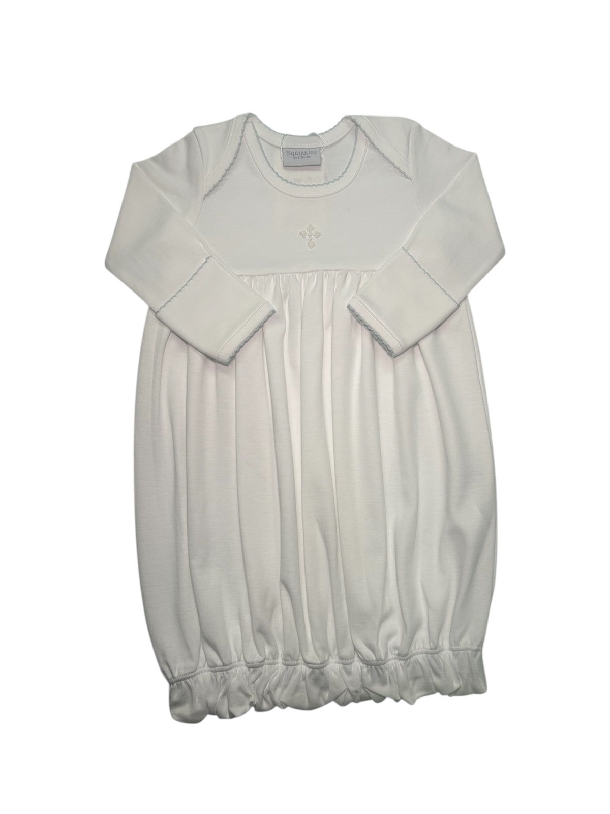 SQUIGGLES MINI CROSS LAP SHOULDER GOWN WHITE W/BLUE TRIM