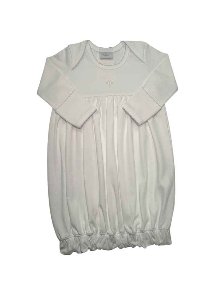 SQUIGGLES MINI CROSS LAP SHOULDER GOWN WHITE W/BLUE TRIM