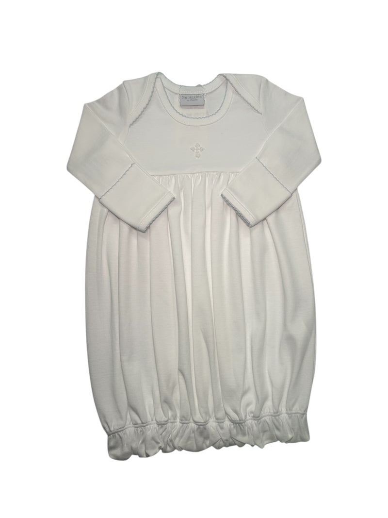 SQUIGGLES MINI CROSS LAP SHOULDER GOWN WHITE W/BLUE TRIM