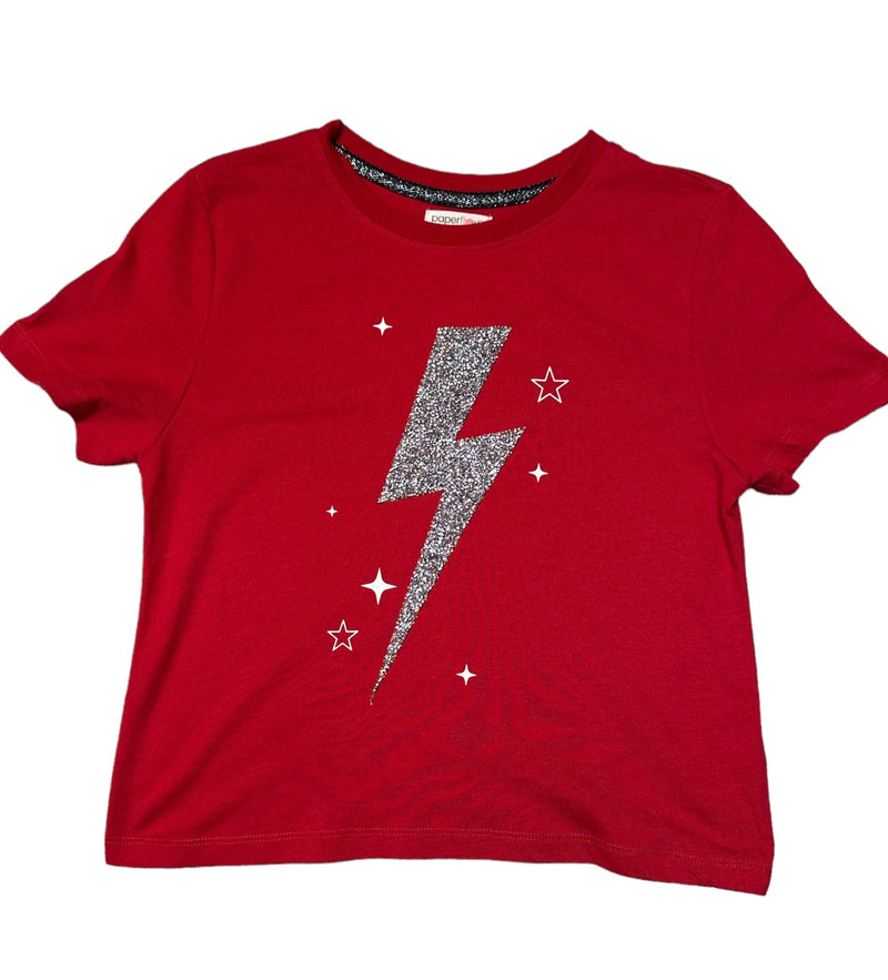 PAPER FLOWER TEE WITH RHINESTONE LIGHTNING BOLT APPLIQUE