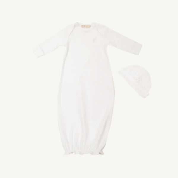 A white long-sleeve baby sleep sack with a matching bonnet, displayed flat against a solid off-white background.