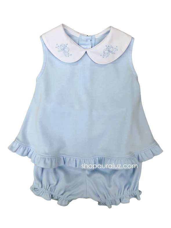 AURALUZ GIRLS 2 PC KNIT SET BLUE WITH WHITE P.P. COLLAR AND BOWS