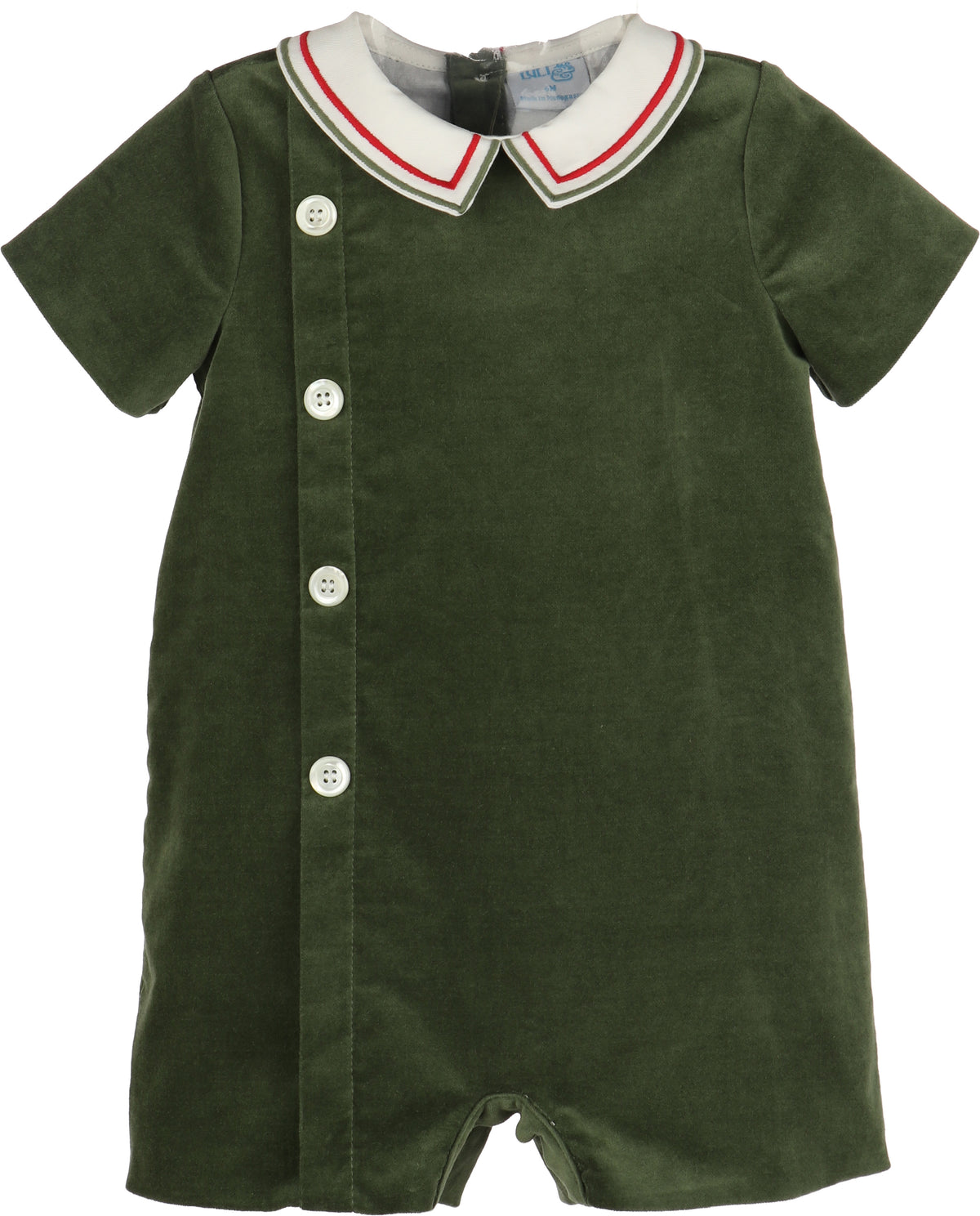 Green baby romper with a white collar on a white background