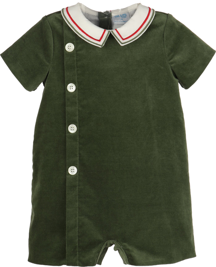 Green baby romper with a white collar on a white background