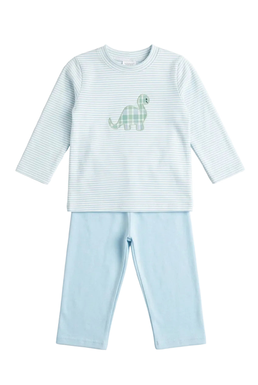 A two-piece children's pajama set featuring a long-sleeve top with fine horizontal stripes in light blue and white, with a green plaid dinosaur graphic on the chest, paired with matching light blue pants.