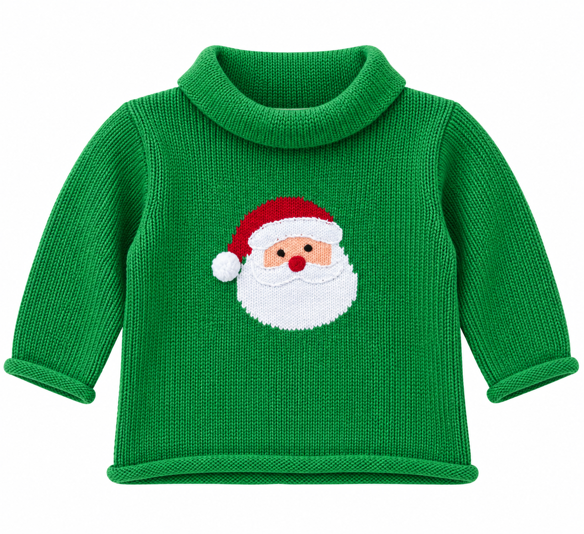 A green ribbed knit baby turtleneck sweater featuring a knitted Santa Claus face on the chest, shown against a plain white background.
