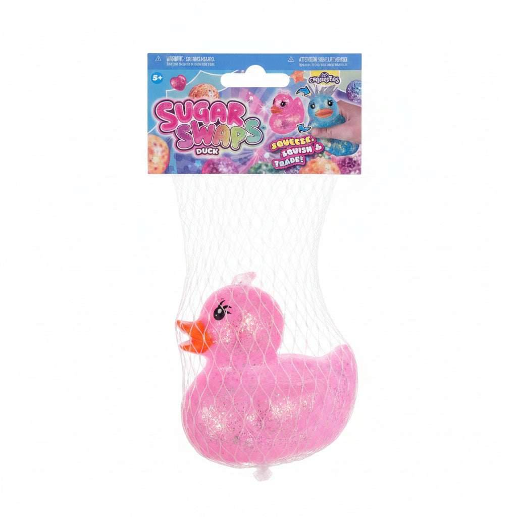 A pink glittery squeeze duck toy in a clear mesh bag with a blue 'Sugar Swaps Duck' retail header card, photographed on a light gray surface.
