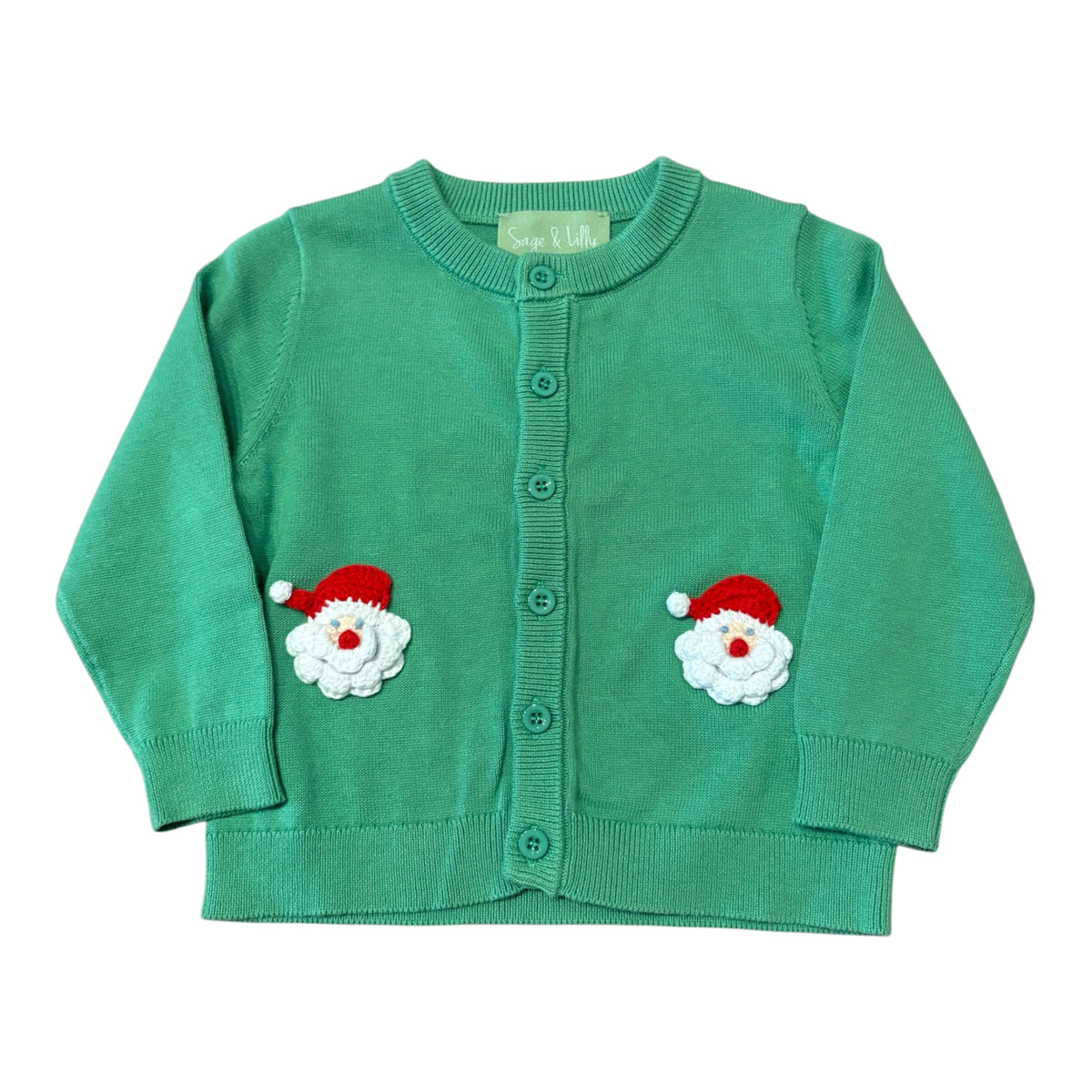 A green long-sleeve baby cardigan featuring two embroidered Santa Claus faces on the front, with a button-up closure and ribbed collar, cuffs, and hem.