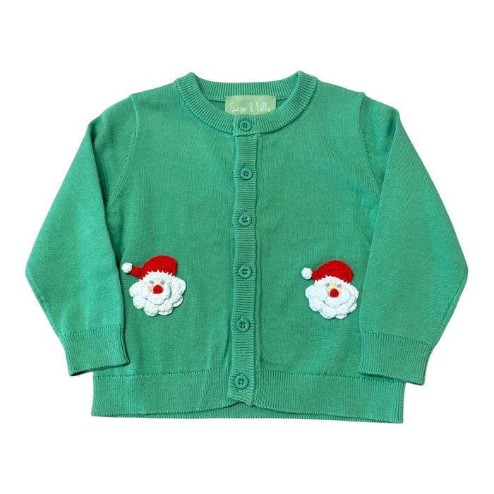 A green long-sleeve baby cardigan featuring two embroidered Santa Claus faces on the front, with a button-up closure and ribbed collar, cuffs, and hem.