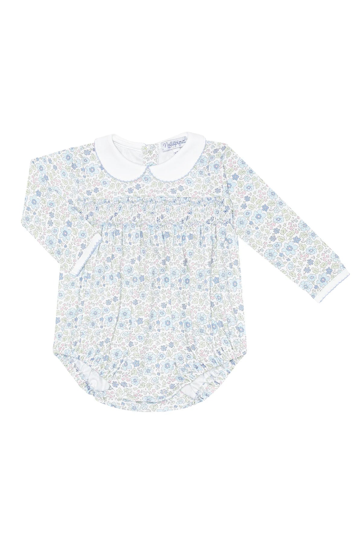 Floral-patterned baby dress with a white collar on a white background