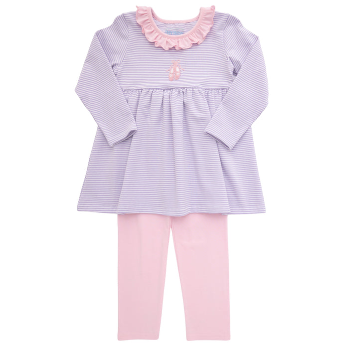 A toddler girl's two-piece outfit featuring a long-sleeve top with light purple and white stripes, a pink ruffled collar, and a small pink bunny applique on the chest, paired with solid pink leggings.