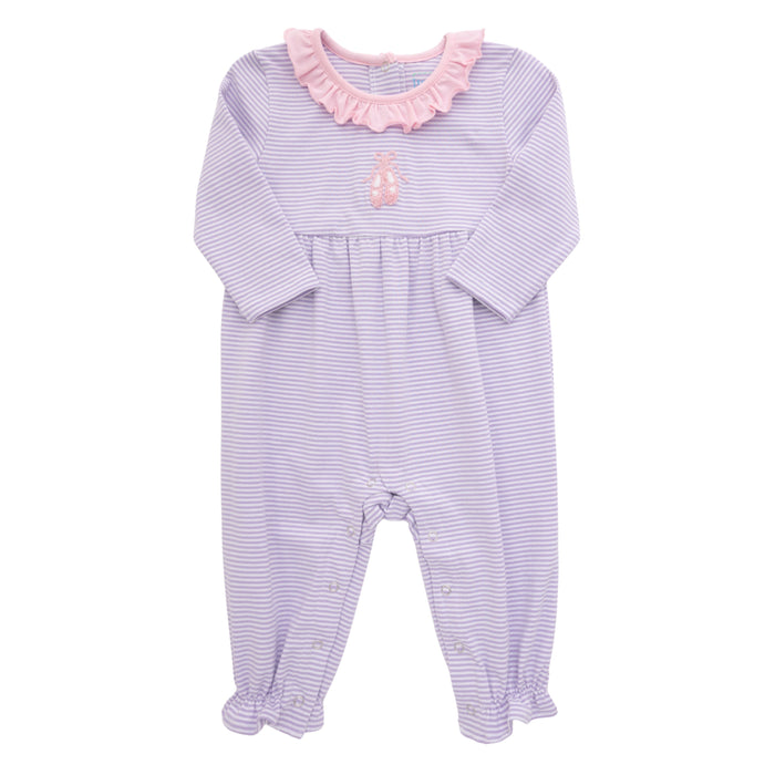 Baby onesie with pink ruffled collar and embroidered design on a white background