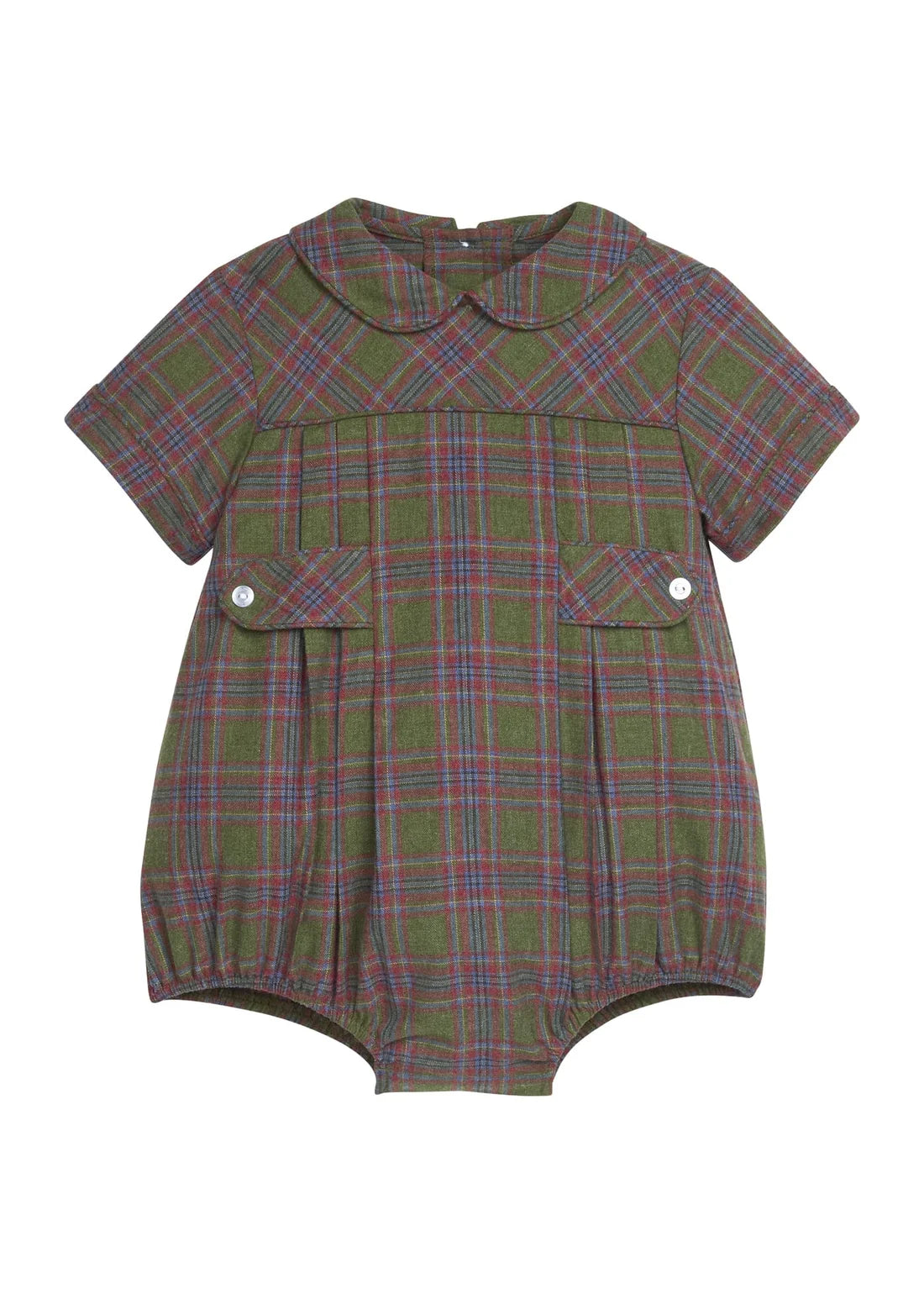 A short-sleeve baby romper in an olive green plaid fabric with red and blue stripes, featuring a Peter Pan collar, buttoned chest pockets, and a bubble leg.