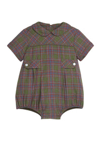 A short-sleeve baby romper in an olive green plaid fabric with red and blue stripes, featuring a Peter Pan collar, buttoned chest pockets, and a bubble leg.