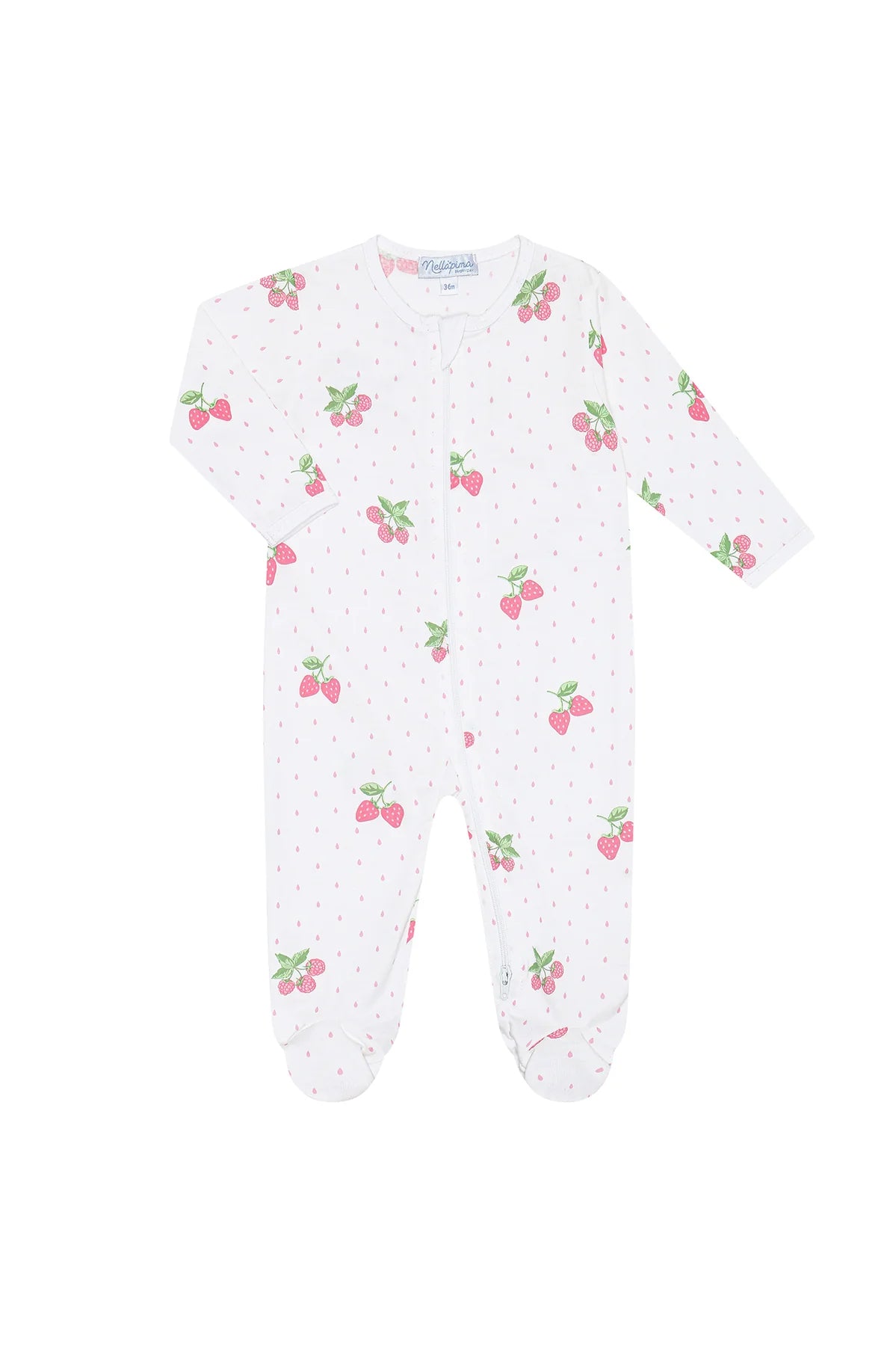 White baby onesie with cherry pattern on a white background