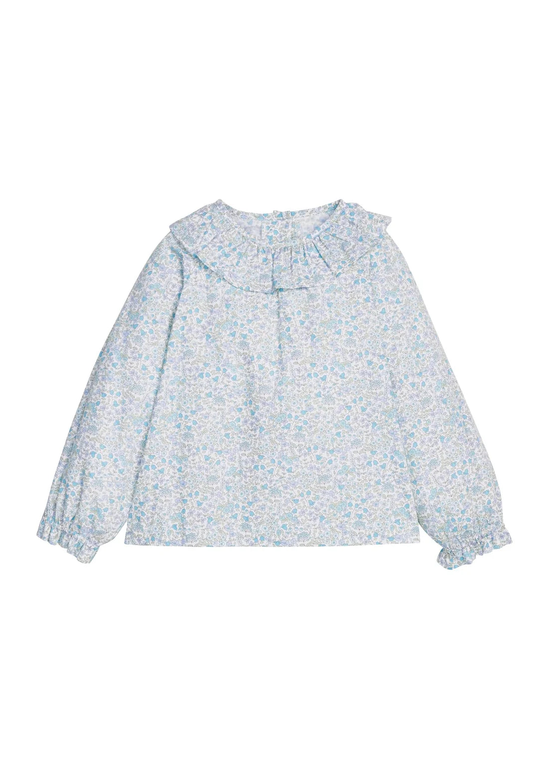 A long-sleeve blouse with a ruffled collar and a light blue and white floral print, displayed flat against a plain white background.