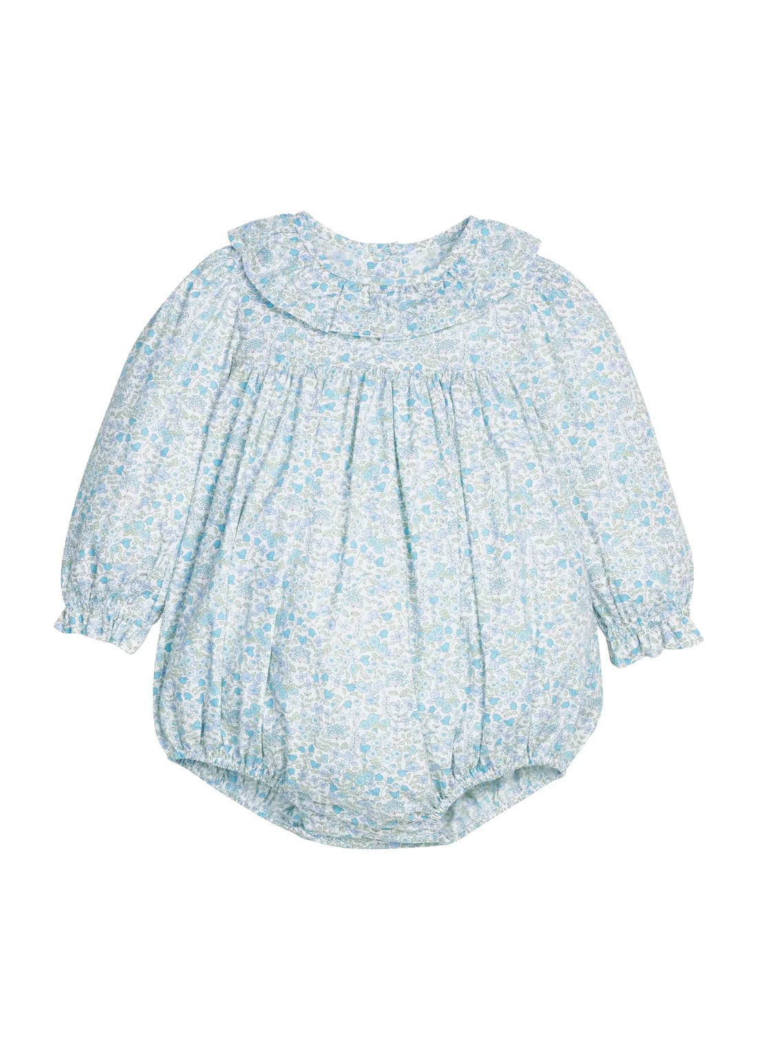 A baby long-sleeve romper in a light blue and white floral print, featuring a ruffled collar, smocked bodice, and elasticized bubble sleeves and leg cuffs.